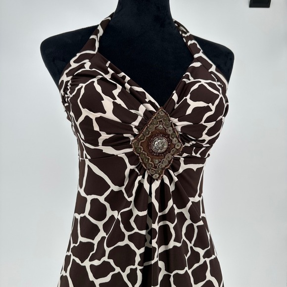 Y2K Heart Soul Brown Halter Giraffe Animal Print Maxi Beaded Dress Sz Medium - Picture 3 of 6